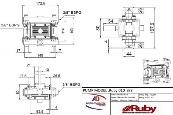 Pompe à membrane pneumatique RUBY 010S-P-NTSS-T Pompe à membrane pneumatique RUBY 010S-P-NTSS-T