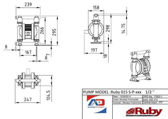 Pompe à membrane pneumatique RUBY 015S-P-TST-T Pompe à membrane pneumatique RUBY 015S-P-TST-T
