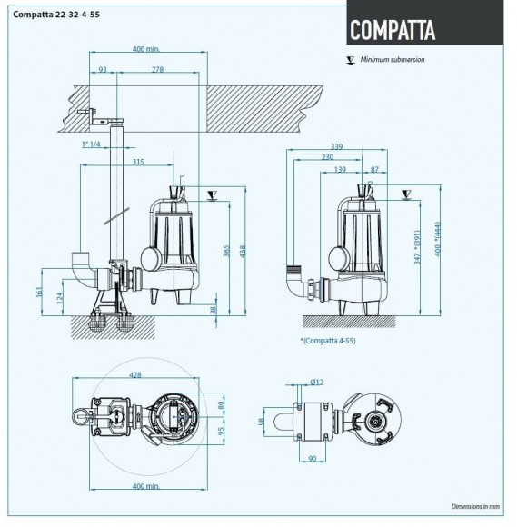 Pompe submersible Dreno COMPATTA 32, T/G avec roue vortex Pompe submersible Dreno COMPATTA 32, T/G avec roue vortex