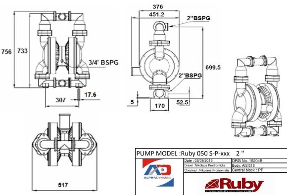 RUBY 050S-P-TST-T насос пневматический мембранный RUBY 050S-P-TST-T насос пневматический мембранный