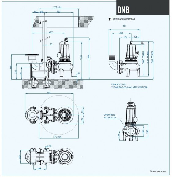 Насос сточных вод Dreno DNB 80-2/220-1 T с двухканальным рабочим колесом S-образного потока