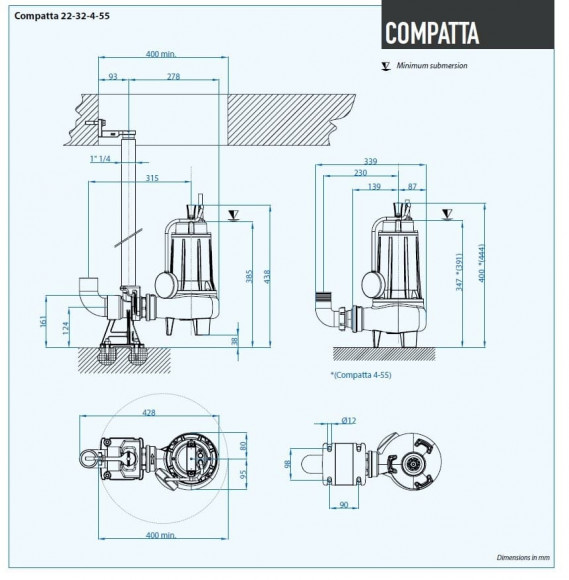 Pompe submersible Dreno COMPATTA 4, T/G avec roue vortex Pompe submersible Dreno COMPATTA 4, T/G avec roue vortex