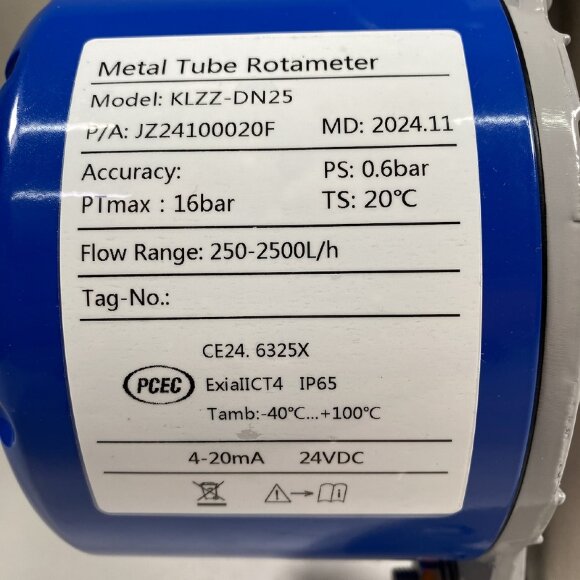 DN25 caudalímetro rotámetro de acero inoxidable KLZZ PN16 (líquido Mezcla de alcohol C2H5OH 96%), 250-2500 l/h, 4-20mA, Ex DN25 caudalímetro rotámetro de acero inoxidable KLZZ PN16 (líquido Mezcla de alcohol C2H5OH 96%), 250-2500 l/h, 4-20mA, Ex
