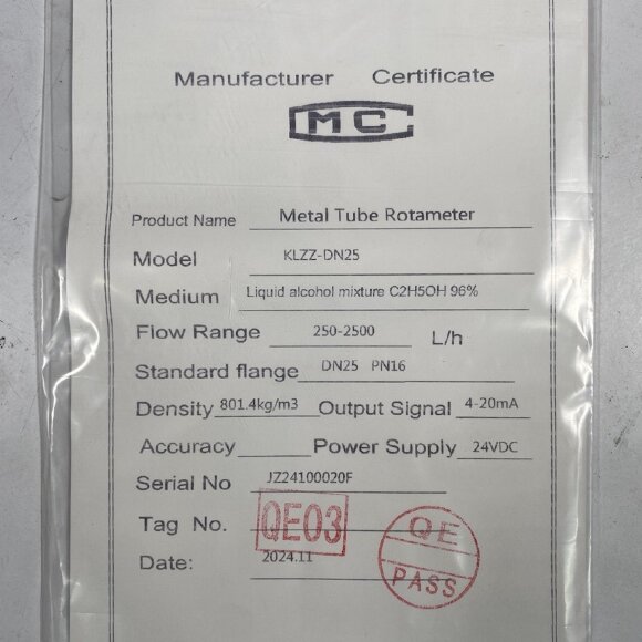 DN25 caudalímetro rotámetro de acero inoxidable KLZZ PN16 (líquido Mezcla de alcohol C2H5OH 96%), 250-2500 l/h, 4-20mA, Ex DN25 caudalímetro rotámetro de acero inoxidable KLZZ PN16 (líquido Mezcla de alcohol C2H5OH 96%), 250-2500 l/h, 4-20mA, Ex