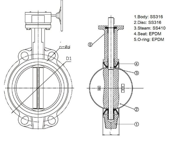 PN16 DN150 Válvula de mariposa, cuerpo y disco de acero inoxidable AISI 316, asiento EPDM
