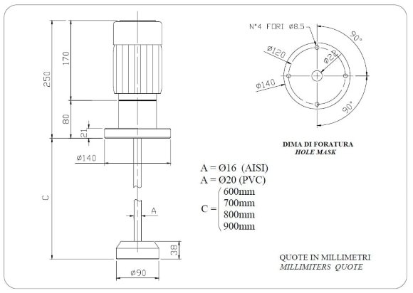 Electric mixer for chemistry AQUA AG3-PVC90/F, 380V, 1400 RPM, ADAG3P09F