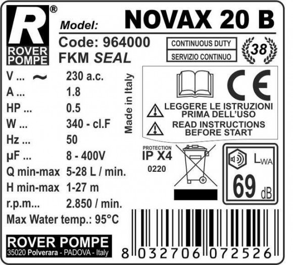 NOVAX 20B 2850rpm насос для горячих жидкостей до 95°C NOVAX 20B 2850rpm насос для горячих жидкостей до 95°C