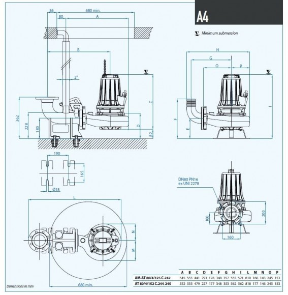 Bomba sumergible Dreno biogas AT-EX 80/4/125 C.242 con impulsor monocanal