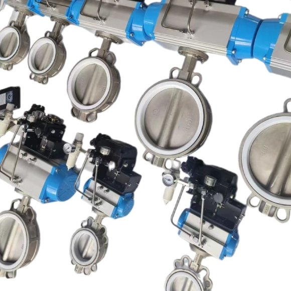 PN16 DN100 Zasuwa motylkowa, korpus, tarcza AISI304, PTFE z pneum.siłownikiem dwustron.działania, ogranicznik pneum.5/2, cewka 24V, skrzynka  LS10