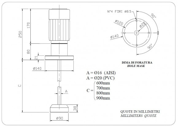 Electric mixer for chemical reagents AQUA AG3-AISI80/F, 380V, 1400 RPM, ADAG3A08F