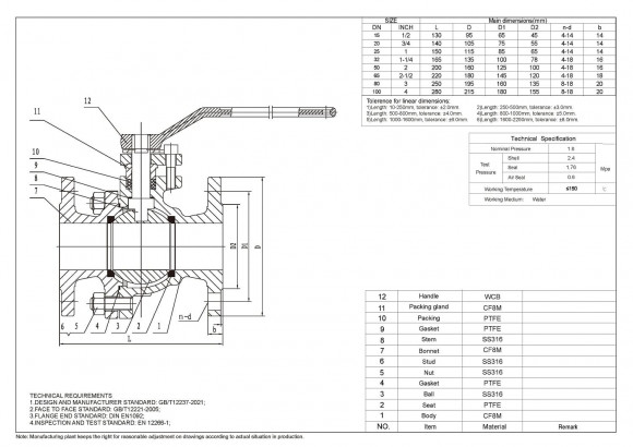 PN16 DN100 Robinet à bille en acier inoxydable AISI 316, Siège PTFE