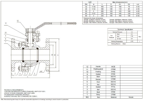 PN16 DN65 Stainless steel ball valve AISI 316, Seat: PTFE PN16 DN65 Stainless steel ball valve AISI 316, Seat: PTFE