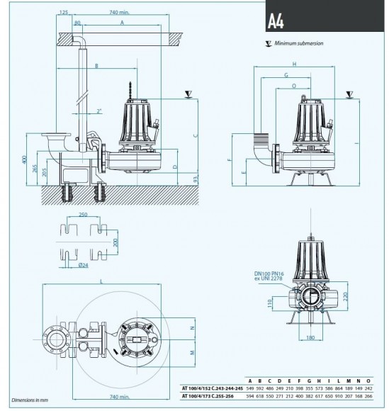 Bomba de riego sumergible Dreno AT 100/4/152 C.243 con impulsor monocanal abierto
