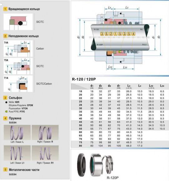 Sellos de bomba R-120P 18, SIC/SIC, VITON, 304