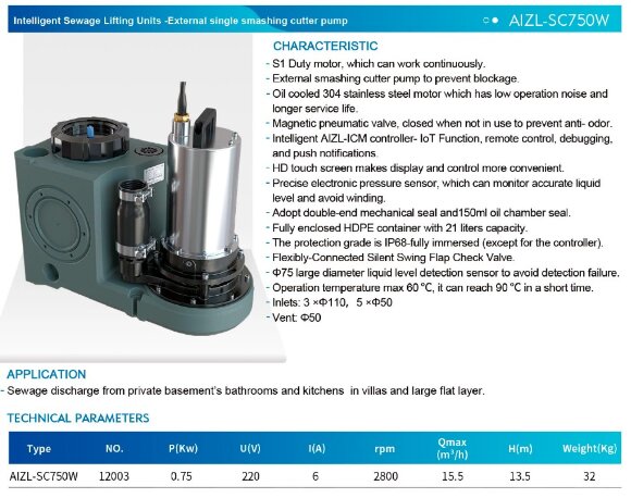 Unidad elevadora de aguas residuales con trituradora y panel de control AIZL-SC750W, 15,5/13,5, 0,75 kW, 220 V, 2800 rpm