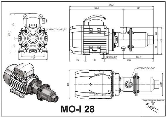 Гвинтовий насос з нержавіючої сталі для хімічних рідин з твердими частинками LIVERANI MO-I 28 MF 0,25 кВт, 1400 об/хв, 220В