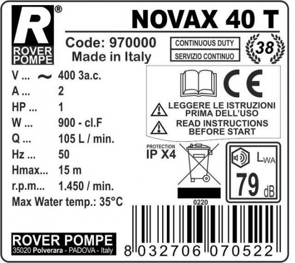 Bomba de alimentación NOVAX 40 T ROVER Bomba de alimentación NOVAX 40 T ROVER