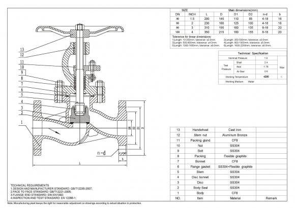 PN16 DN50 tainless steel flanged valve AISI 304, Seat AISI 304