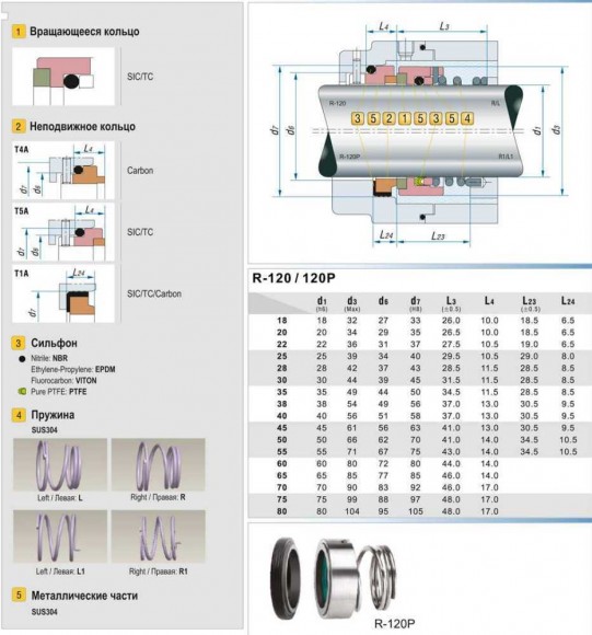 Sellos de bomba R-120P 25, SIC/SIC, VITON, 304