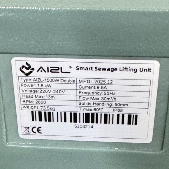 Установка для підйому каналізаційних стоків з двома насосами та пультом управління AIZL-1500W Double, 30/13, 1,5 кВт, 220V, 2800 об/хв