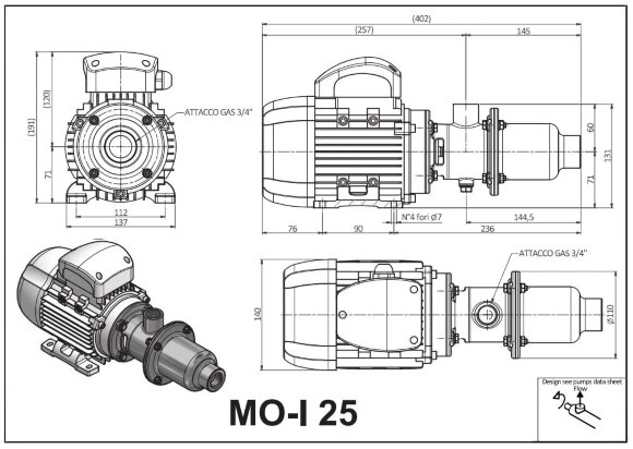 Гвинтовий насос для перекачування в’язких рідин з твердими включеннями LIVERANI MO-I 25 MF 0,25 кВт, 1400 об/хв, 220В з нержавіючої сталі