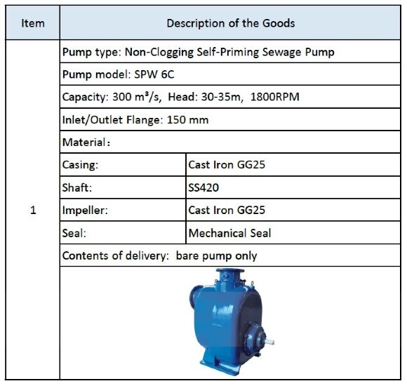 Self-priming sewage pump SPW 6C 300 m3/h, 35 m, 1800 rpm, without motor