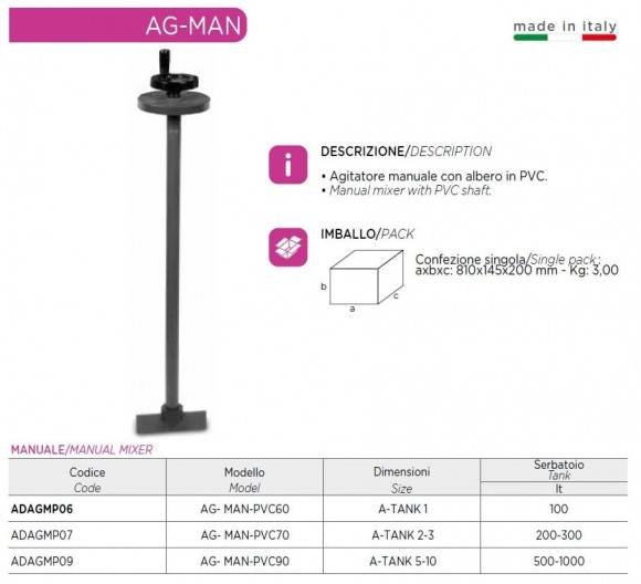 Mélangeur manuel pour réactifs chimiques AQUA AG-MAN-PVC-70, ADAGMP07