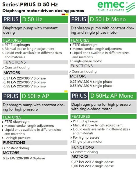 Мембранный дозирующий насос EMEC серии PRIUS D 50 Hz 12-1000 л/ч, 10-5 бар Мембранный дозирующий насос EMEC серии PRIUS D 50 Hz 12-1000 л/ч, 10-5 бар