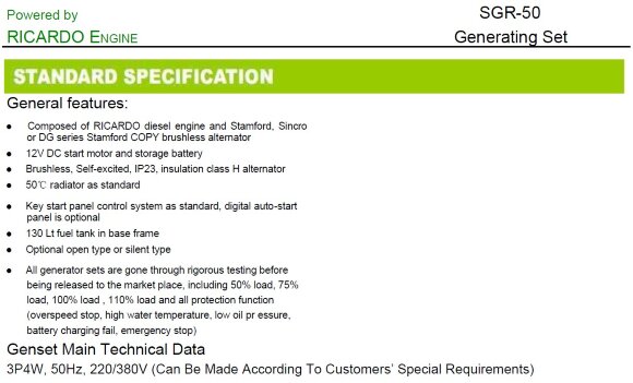Generador diesel industrial SOYGEN SG50R con ATS y motor Ricardo 50kVA, 40kW, 380V/50HZ tipo cerrado