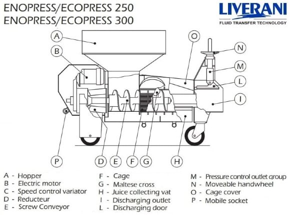 Prensa de tornillo de acción continua LIVERANI ENOPRESS/ECOPRESS 250, 1400-3000 kg/h, 3 kW, 12 rpm, de acero inoxidable Prensa de tornillo de acción continua LIVERANI ENOPRESS/ECOPRESS 250, 1400-3000 kg/h, 3 kW, 12 rpm, de acero inoxidable