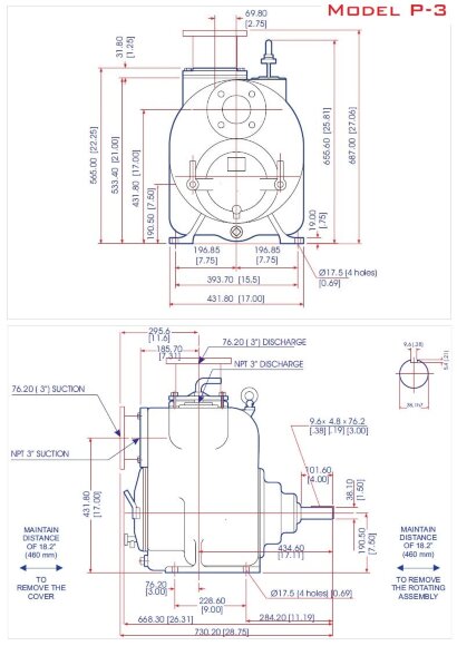 Bomba autoaspirante para aguas residuales P-3, 35/107, 15 kW, sin motor