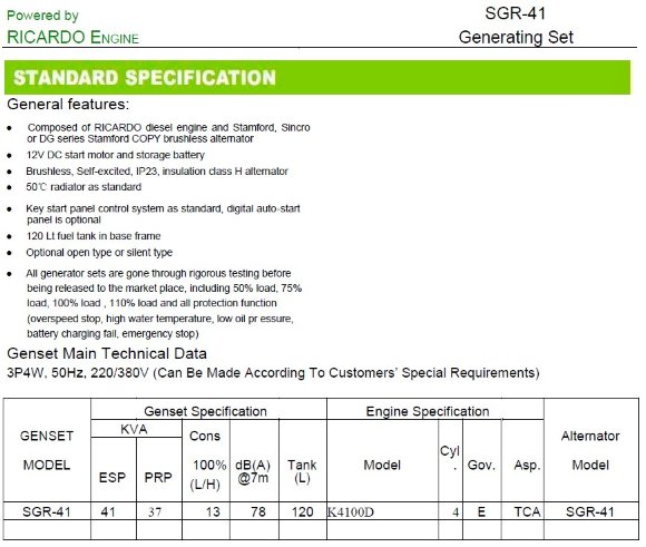 Générateur diesel industriel SOYGEN SG41R avec ATS et moteur Ricardo 41kVA, 33kW, 380V/50HZ type fermé