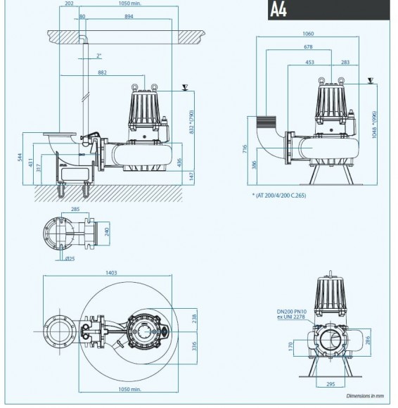 Погружний насос AT 200/4/200 C.265 Dreno Pompe з відкритим ріжучим робочим колесом