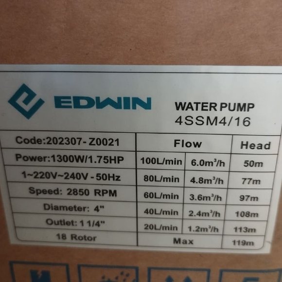 Pompe de puits submersible 4SSM4/16, sortie : 1 1/4 pouce, 1,3 kW, 220 V