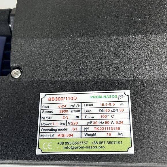 Центробежный насос BB300/110D, AISI304, 220V/50Hz, 2900