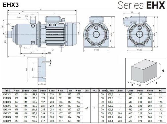 Bomba multietapa horizontal para sistemas de refrigeración EHX 3/8, 1,3 kW, 4,8 m3/h, 90 m, 220 V/M, AISI 304 (EBARA MATRIX)